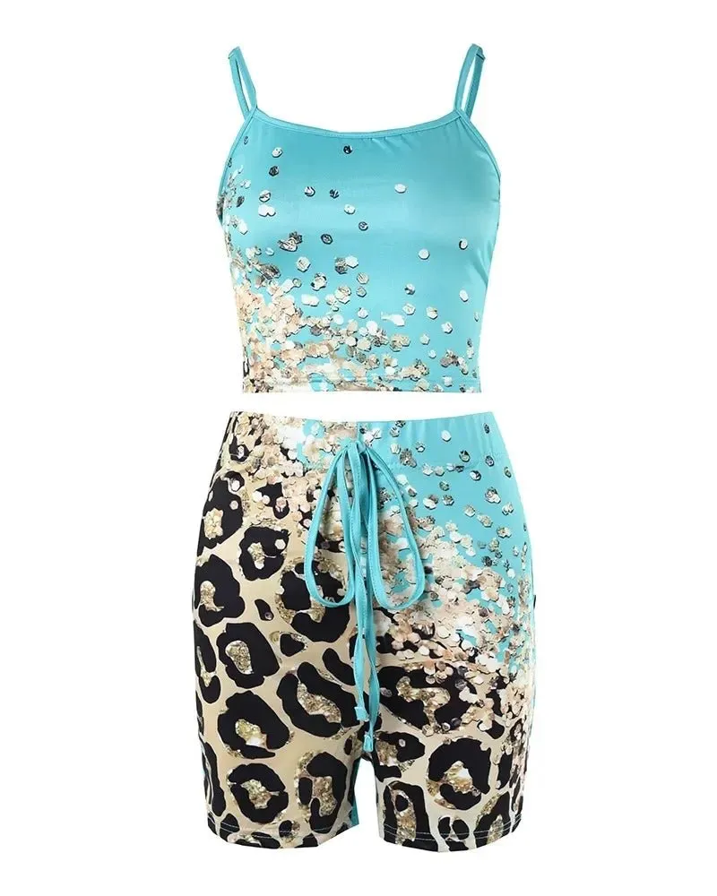 3PCS Contrast Leopard Print Ribbed Crop Tank Top & Drawstring Shorts With Vest Coat Women Swim Wear Swimming Clothing
