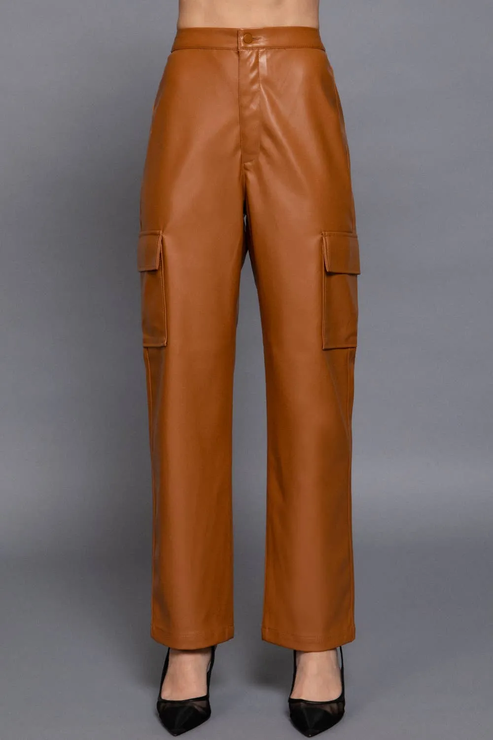 Back Elastic Band Zipper Closure Cargo Faux Leather Pants - Wine