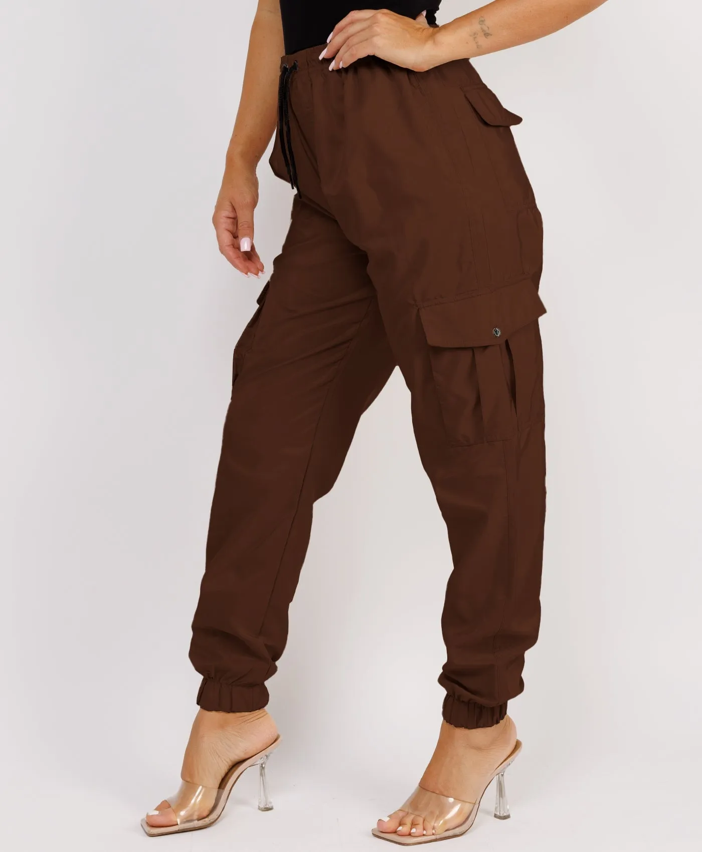 Chocolate Brown Shell Cuffed Pocketed Cargo Trousers