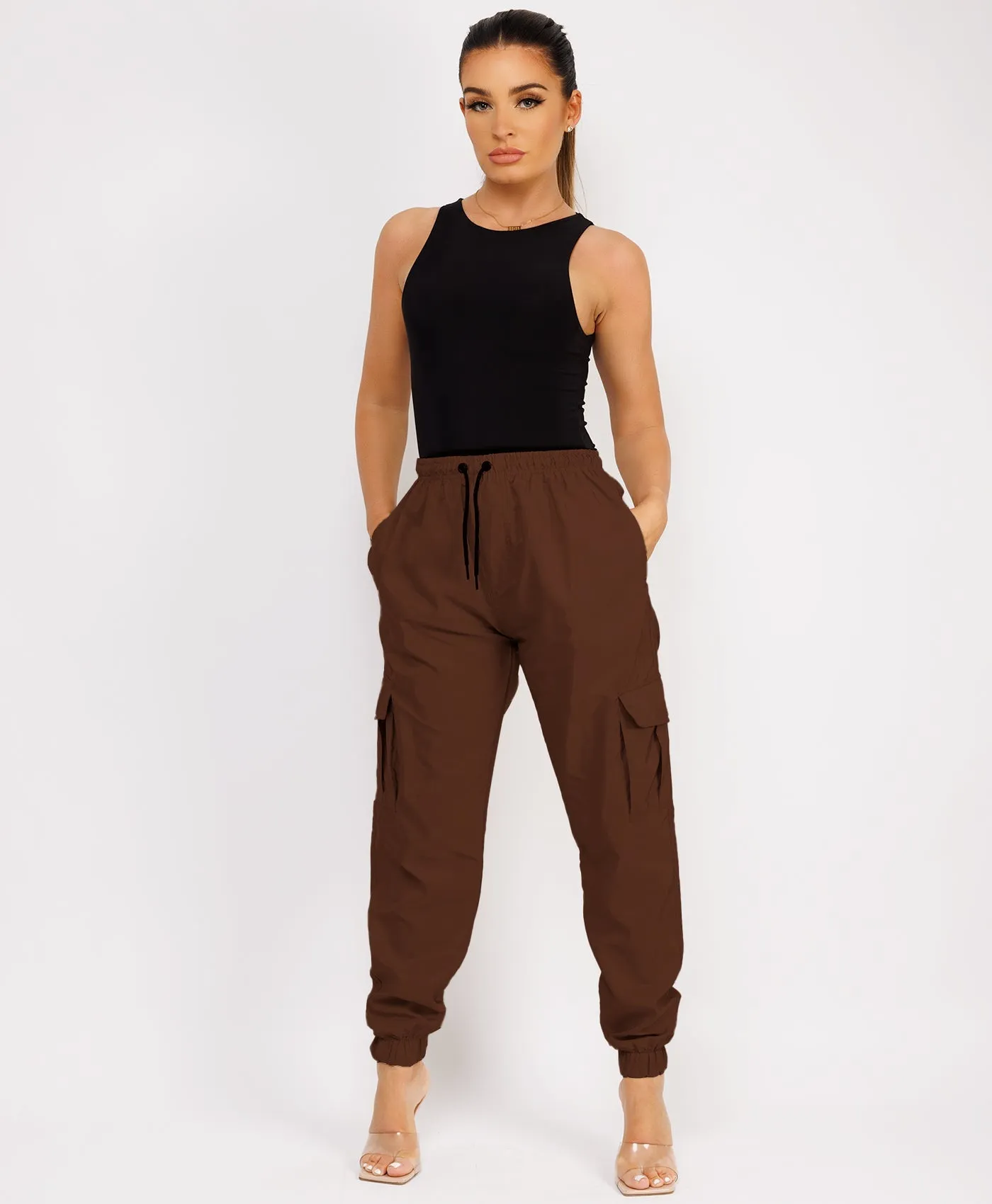 Chocolate Brown Shell Cuffed Pocketed Cargo Trousers
