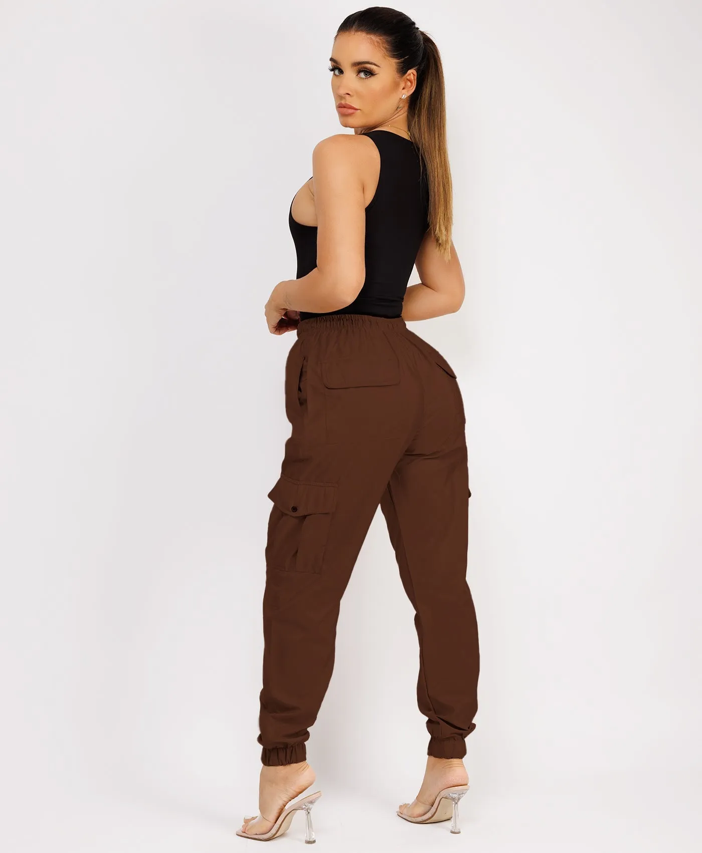 Chocolate Brown Shell Cuffed Pocketed Cargo Trousers