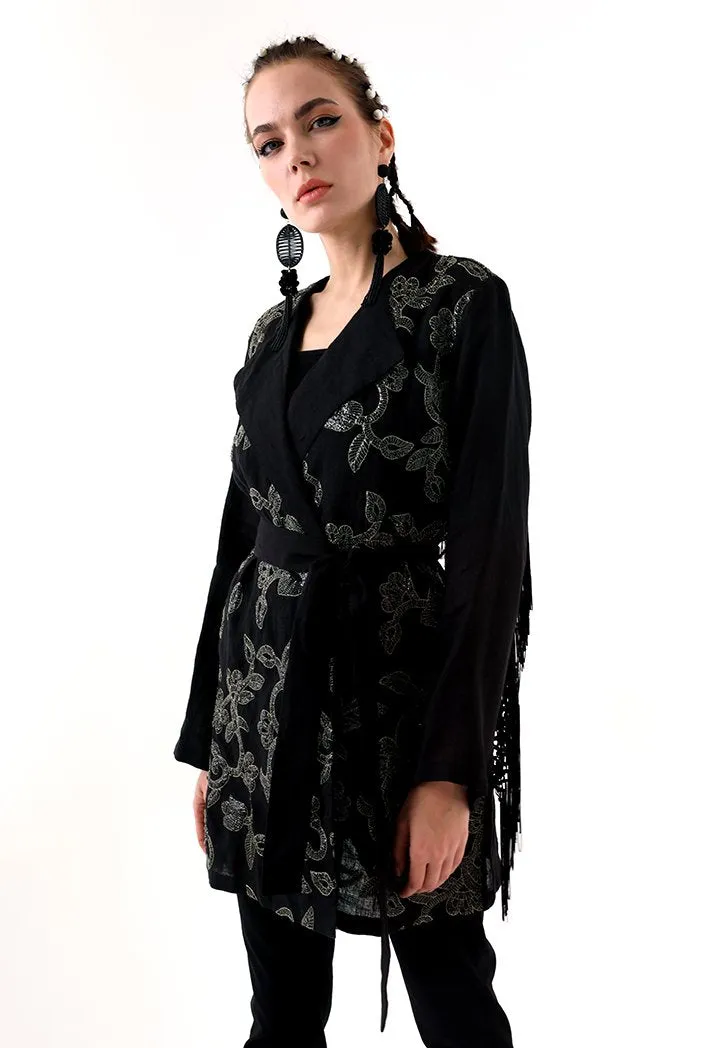 Choice Sequins Embroidery Kimono Jacket Black