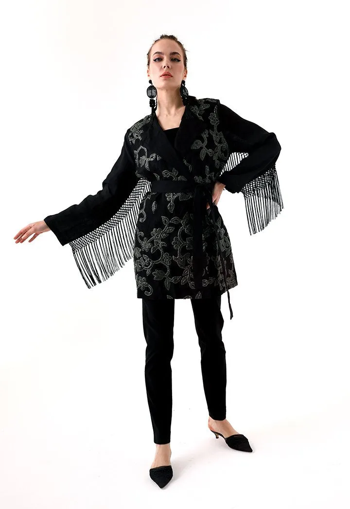 Choice Sequins Embroidery Kimono Jacket Black