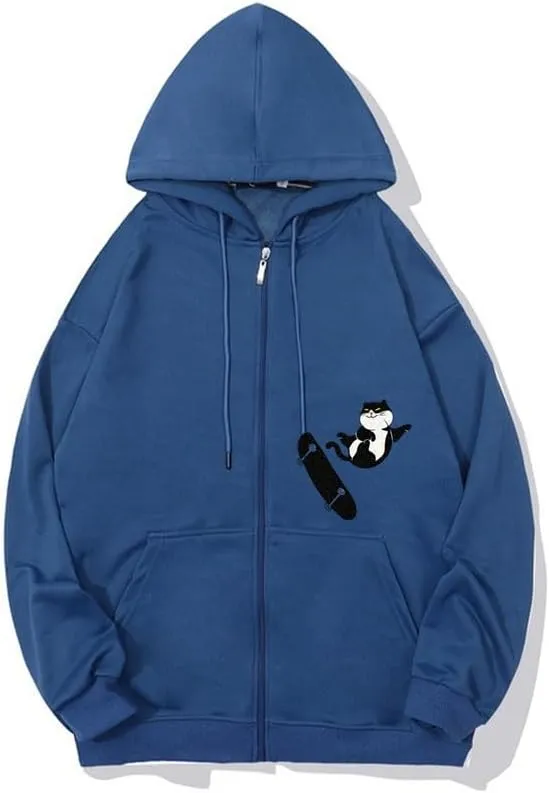 CORIRESHA Teens Cat Lovers Zip Hoodie Casual Drawstring Cute Skateboard Sweatshirt