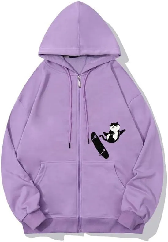 CORIRESHA Teens Cat Lovers Zip Hoodie Casual Drawstring Cute Skateboard Sweatshirt