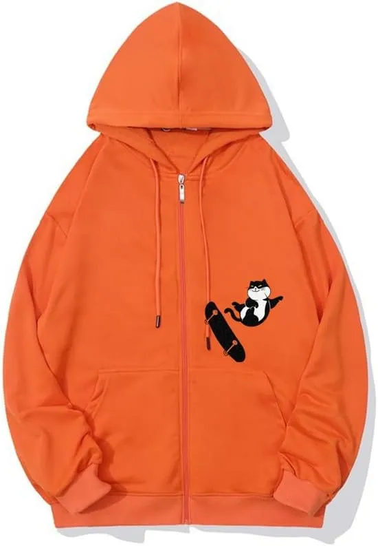 CORIRESHA Teens Cat Lovers Zip Hoodie Casual Drawstring Cute Skateboard Sweatshirt