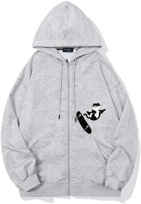 CORIRESHA Teens Cat Lovers Zip Hoodie Casual Drawstring Cute Skateboard Sweatshirt