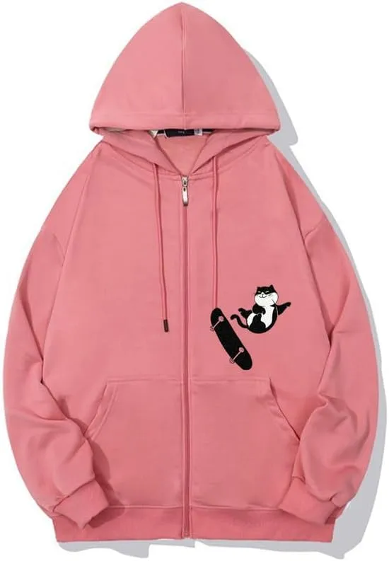 CORIRESHA Teens Cat Lovers Zip Hoodie Casual Drawstring Cute Skateboard Sweatshirt