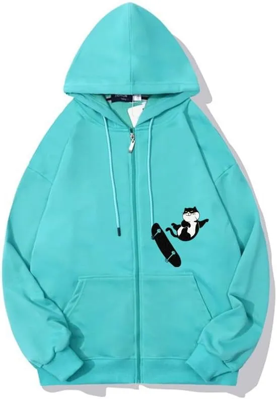 CORIRESHA Teens Cat Lovers Zip Hoodie Casual Drawstring Cute Skateboard Sweatshirt