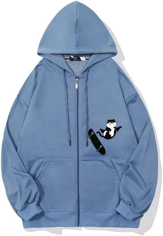 CORIRESHA Teens Cat Lovers Zip Hoodie Casual Drawstring Cute Skateboard Sweatshirt