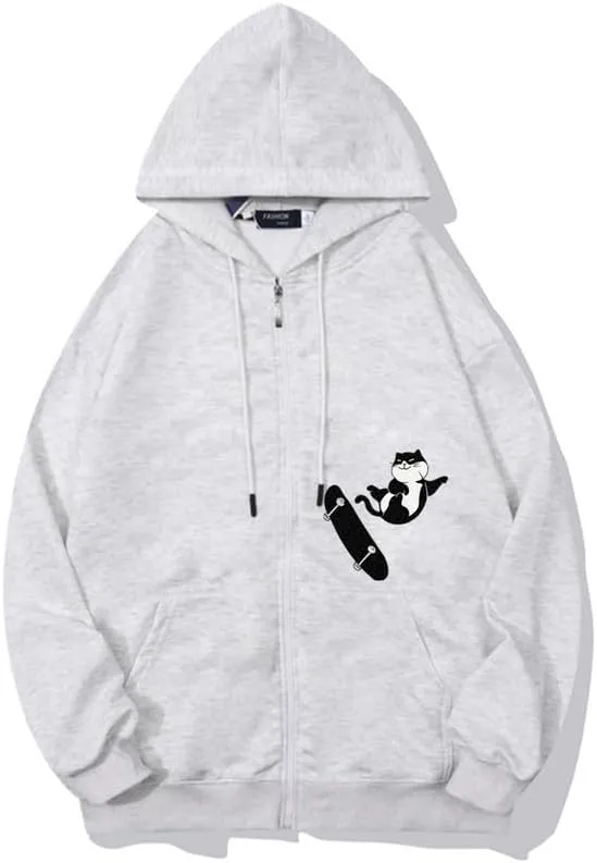 CORIRESHA Teens Cat Lovers Zip Hoodie Casual Drawstring Cute Skateboard Sweatshirt