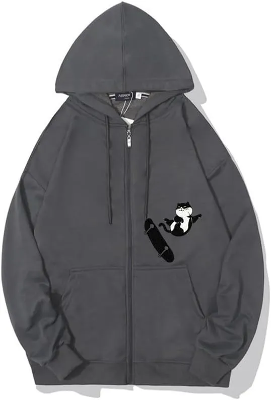 CORIRESHA Teens Cat Lovers Zip Hoodie Casual Drawstring Cute Skateboard Sweatshirt