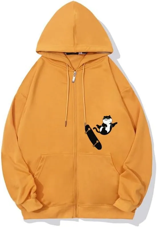 CORIRESHA Teens Cat Lovers Zip Hoodie Casual Drawstring Cute Skateboard Sweatshirt
