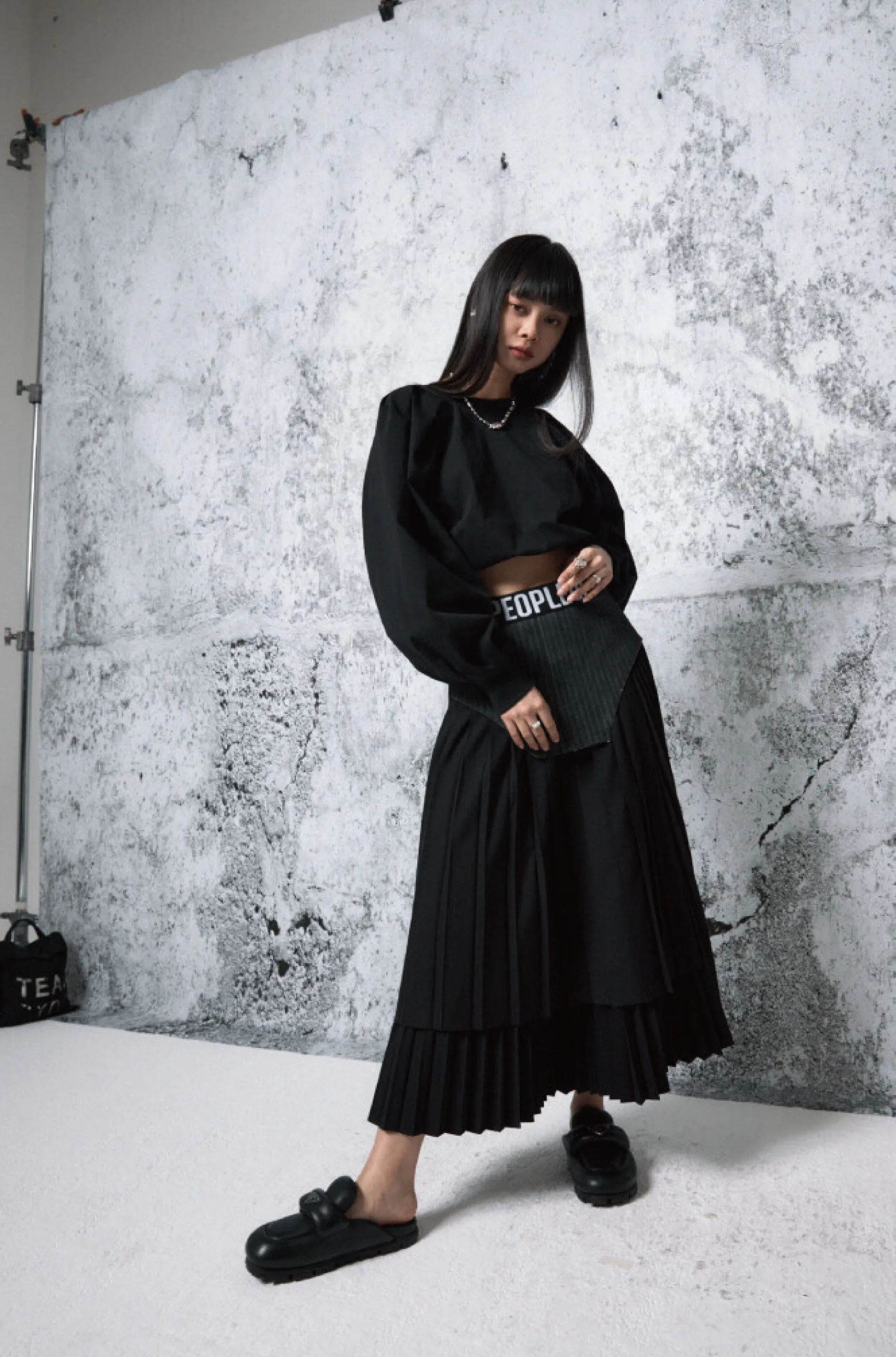 Denim combination pleated skirt