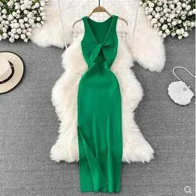 Korean Knitted V-Neck Bodycon Dress: Chic Hollow Out Fashion - Summer Party Style