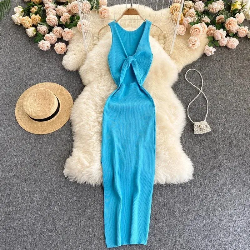 Korean Knitted V-Neck Bodycon Dress: Chic Hollow Out Fashion - Summer Party Style