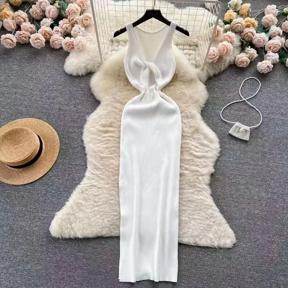 Korean Knitted V-Neck Bodycon Dress: Chic Hollow Out Fashion - Summer Party Style