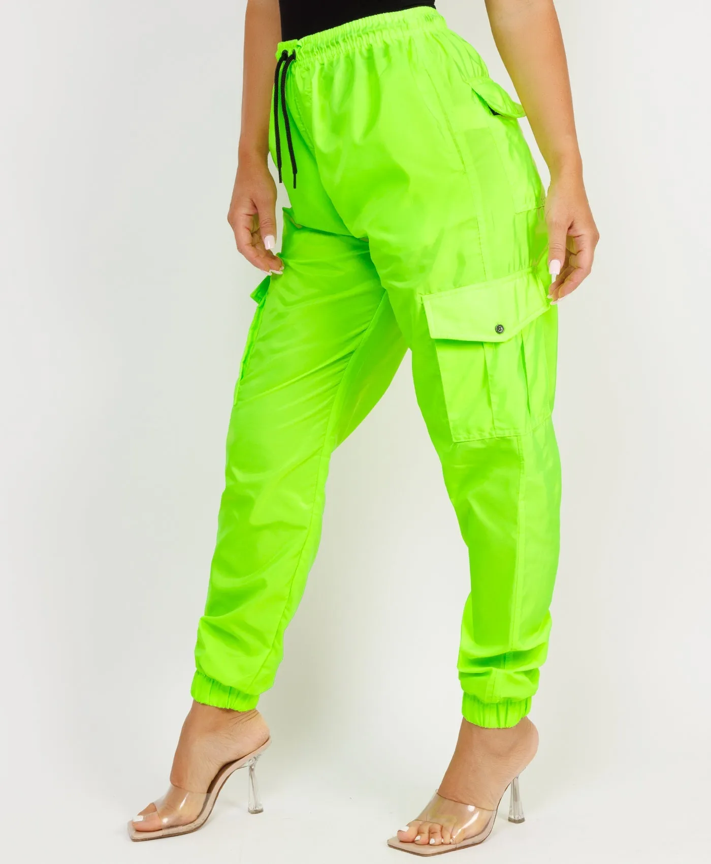 Neon Green Shell Cuffed Pocketed Cargo Trousers