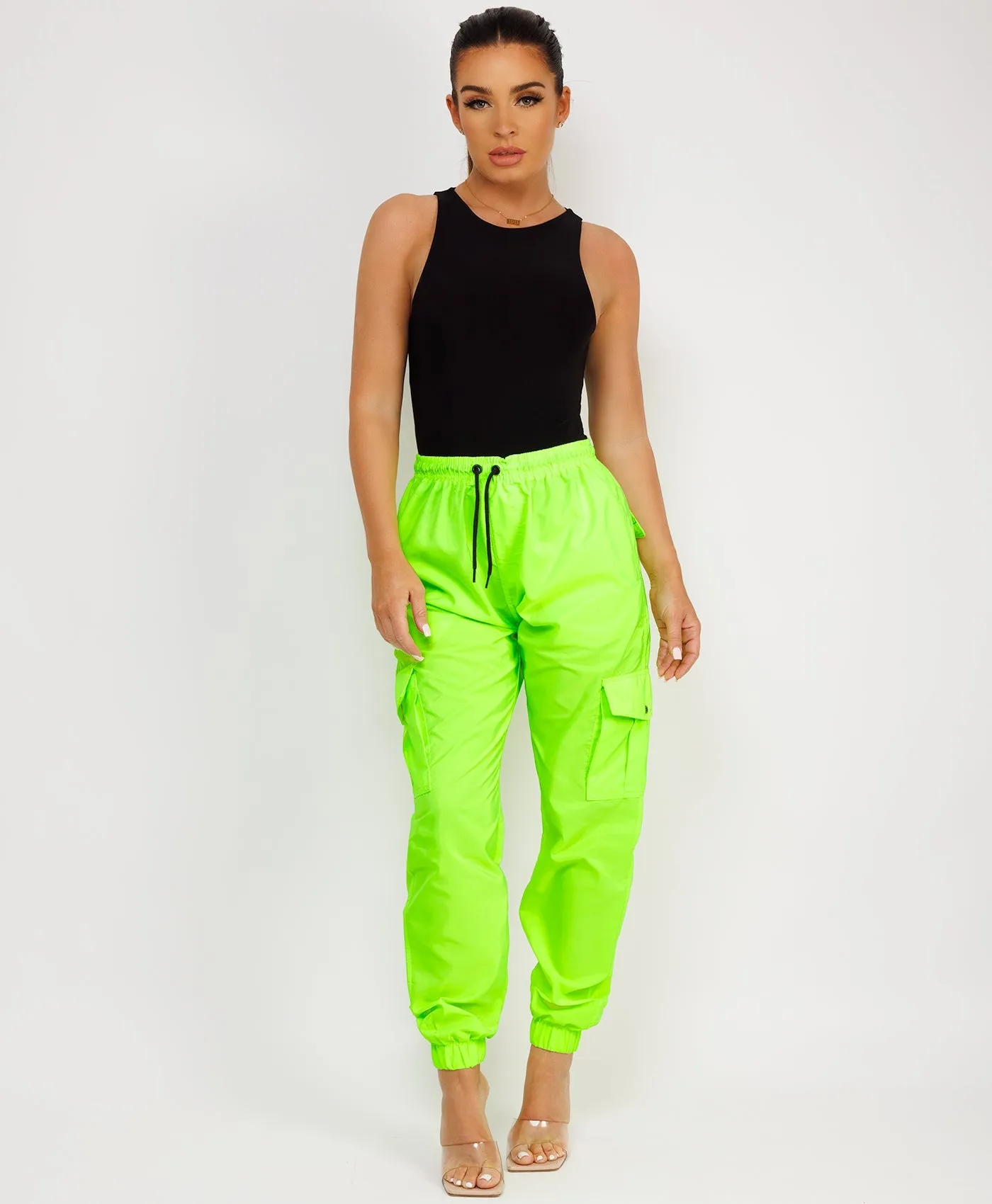 Neon Green Shell Cuffed Pocketed Cargo Trousers