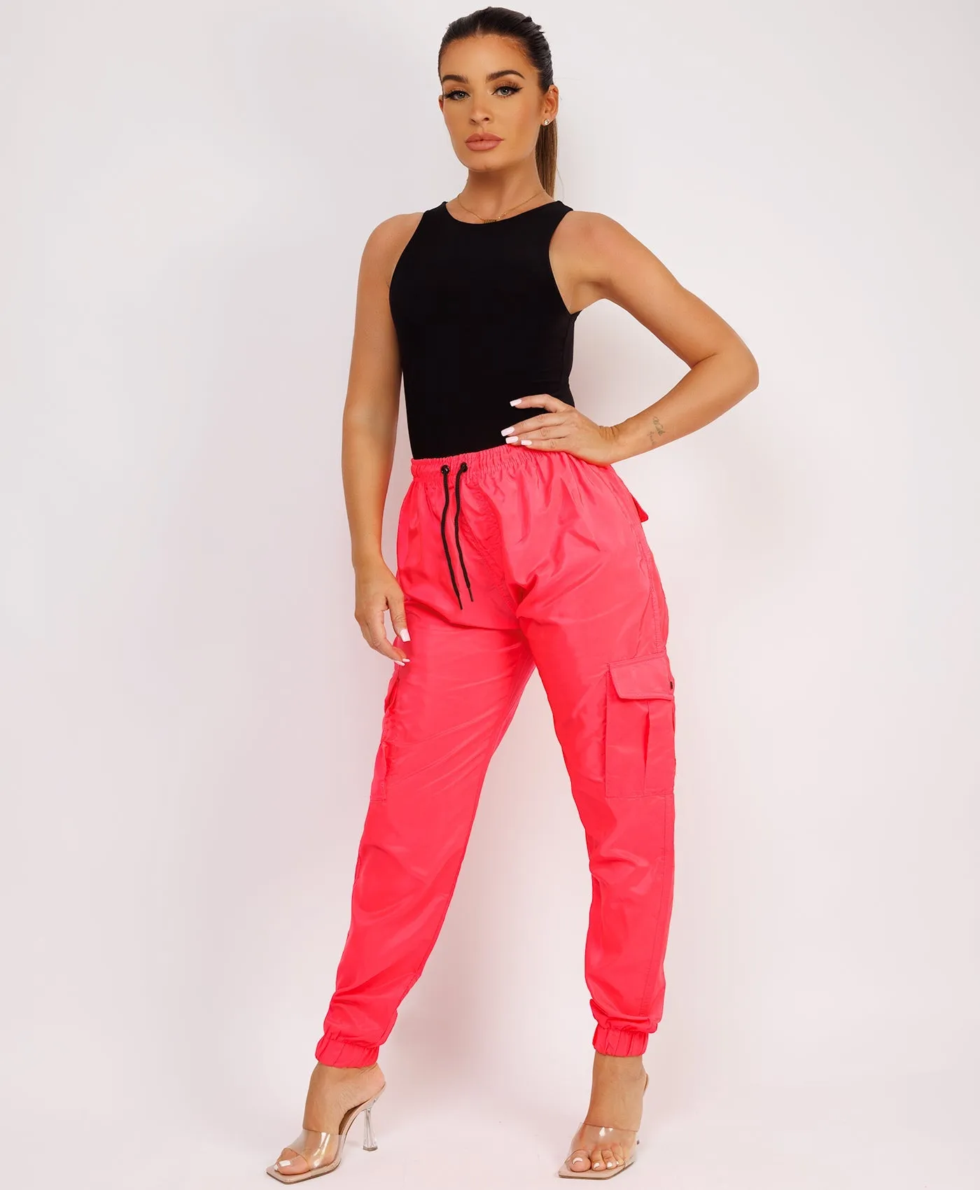Neon Pink Shell Cuffed Pocketed Cargo Trousers