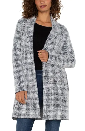 Open Front Coatigan Sweater - Grey/White Plaid