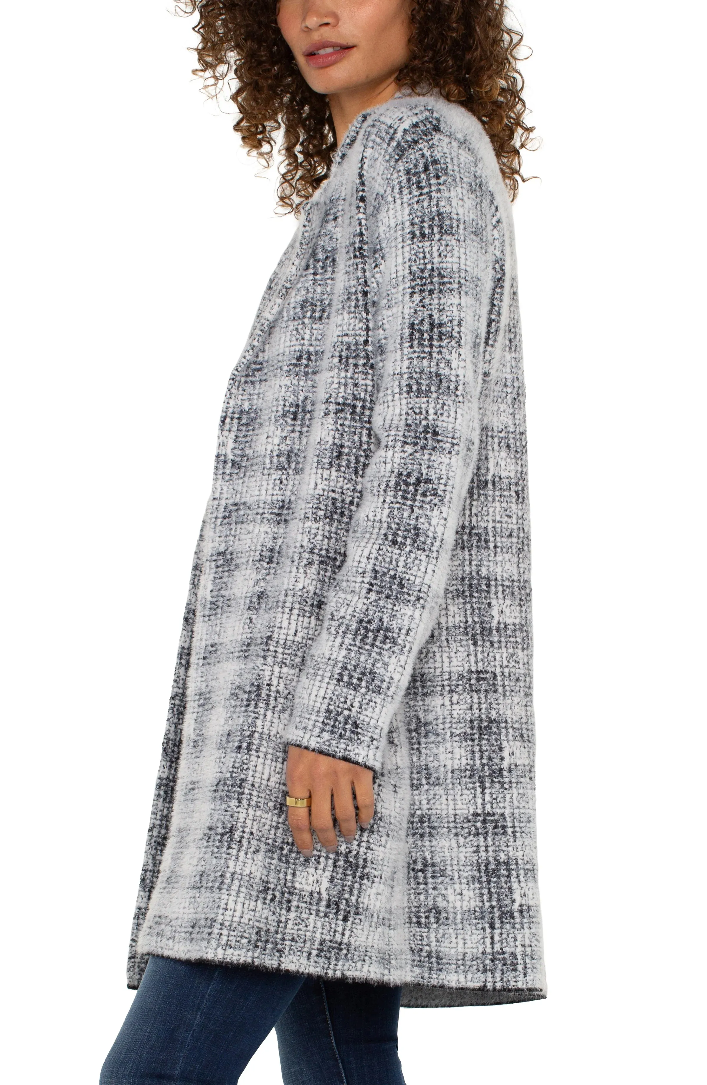 Open Front Coatigan Sweater - Grey/White Plaid