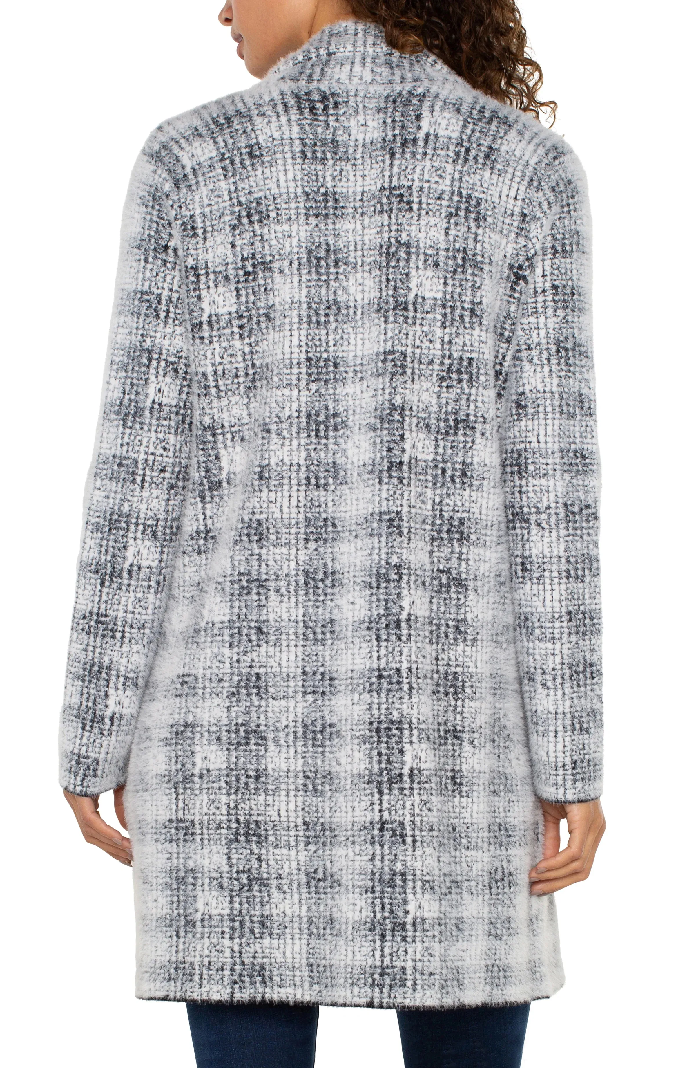 Open Front Coatigan Sweater - Grey/White Plaid