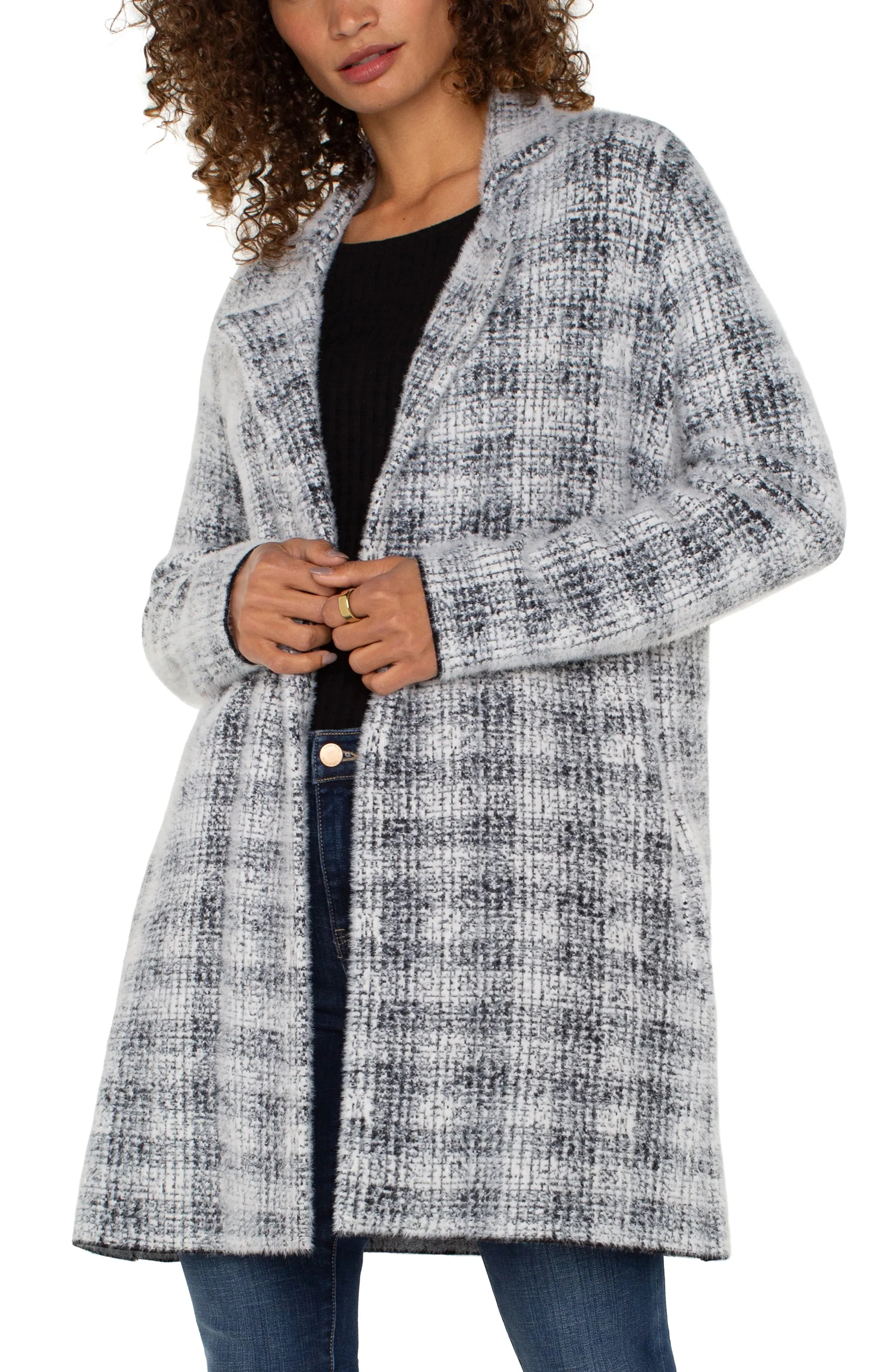 Open Front Coatigan Sweater - Grey/White Plaid