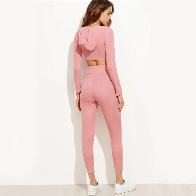 Pink Crop Hooded Top Drawstring Waist Clothes Sets