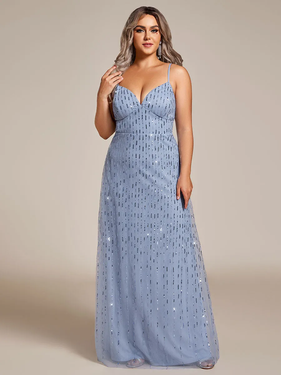 Plus Maxi Long Tulle Sequin V Neck Spaghetti Straps Bridesmaid Dress