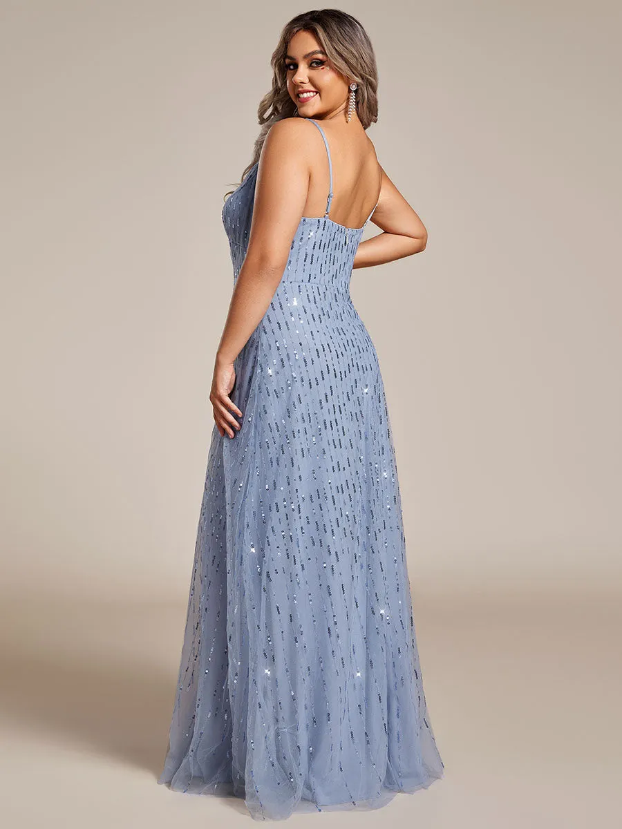 Plus Maxi Long Tulle Sequin V Neck Spaghetti Straps Bridesmaid Dress