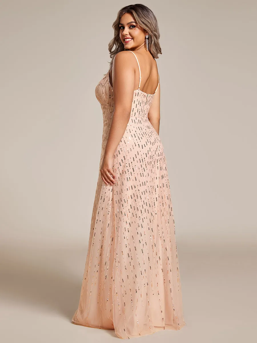 Plus Maxi Long Tulle Sequin V Neck Spaghetti Straps Bridesmaid Dress