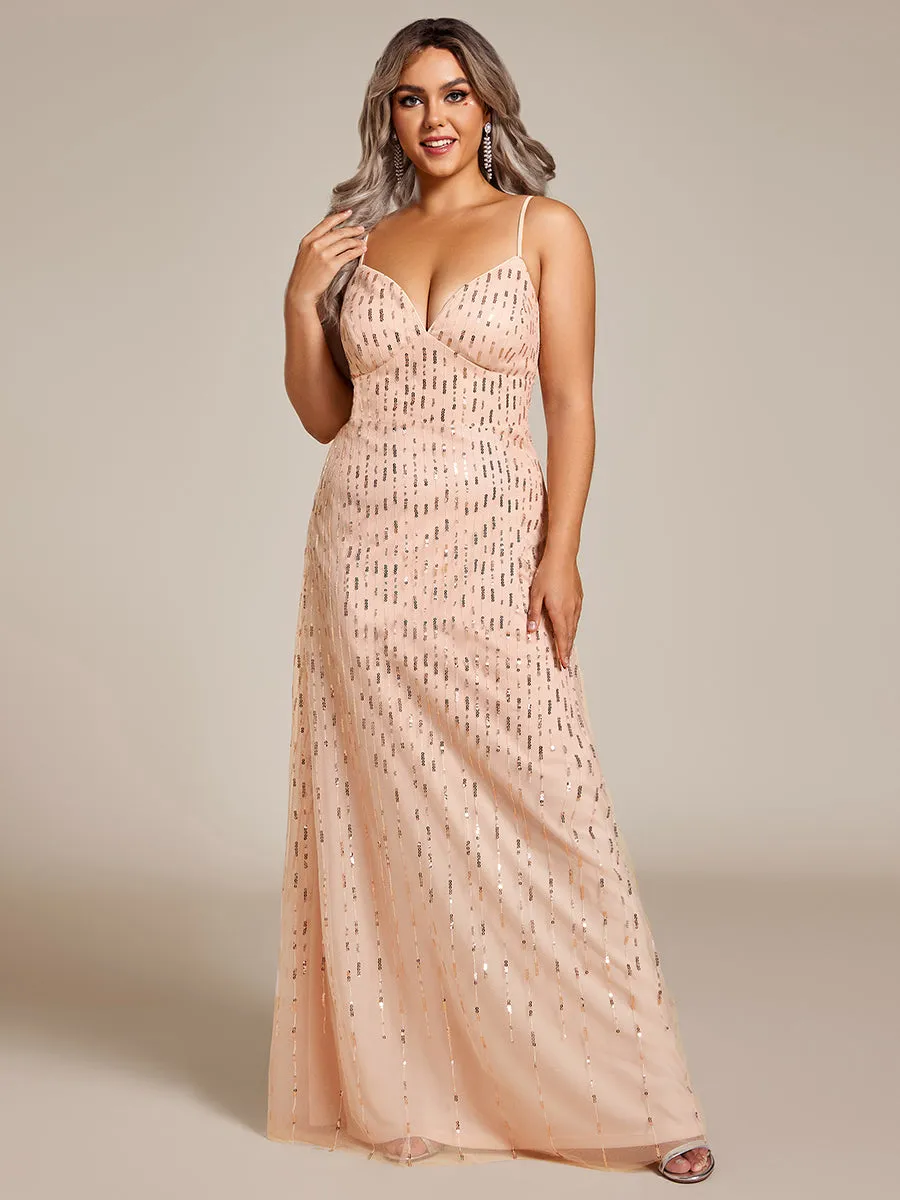 Plus Maxi Long Tulle Sequin V Neck Spaghetti Straps Bridesmaid Dress