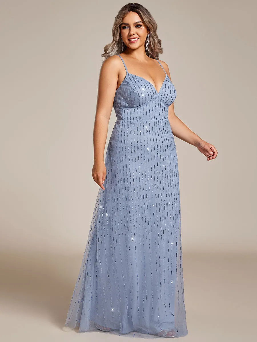 Plus Maxi Long Tulle Sequin V Neck Spaghetti Straps Bridesmaid Dress