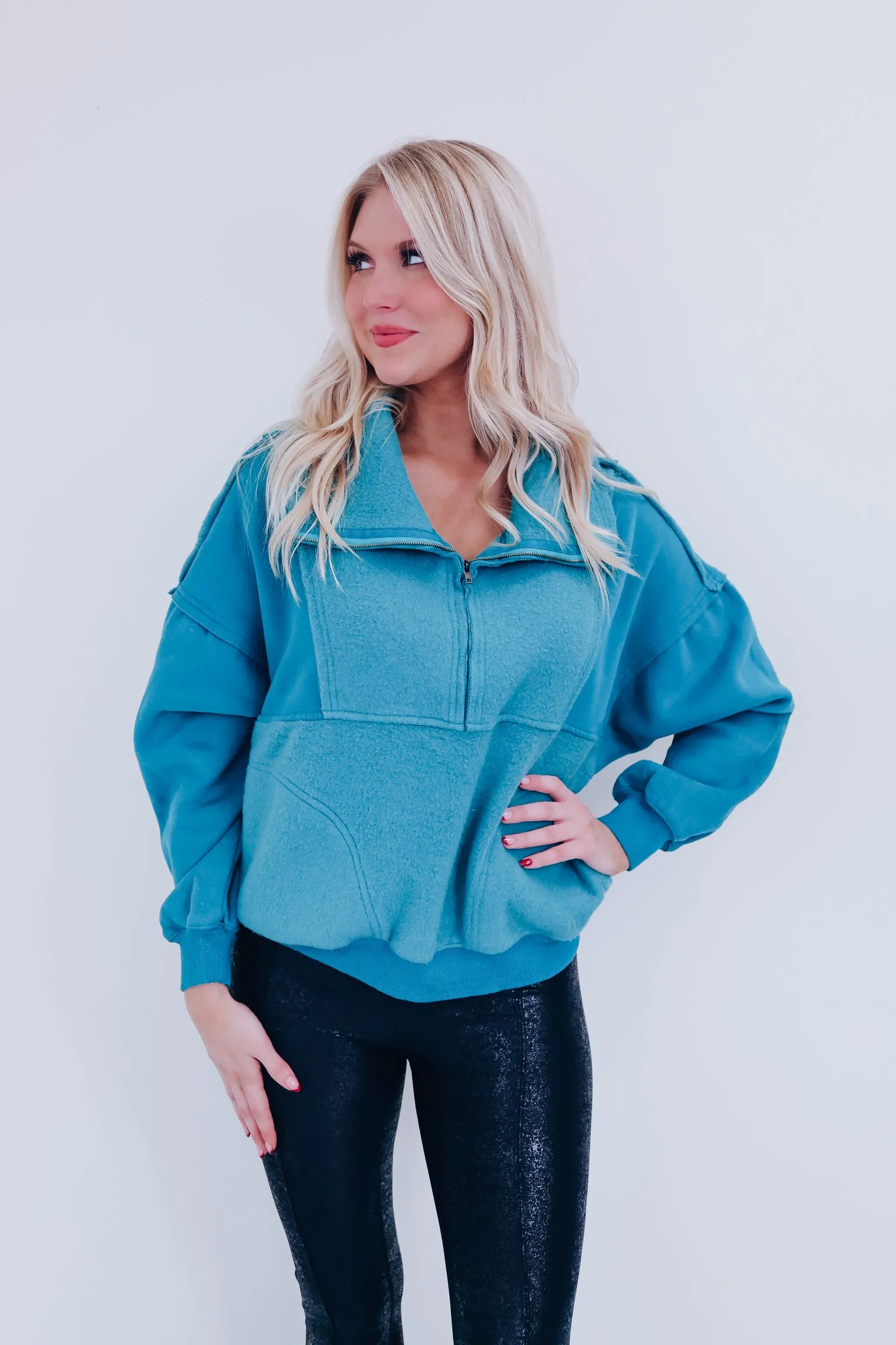 Two Tone Teal Zip Neckline Pullover