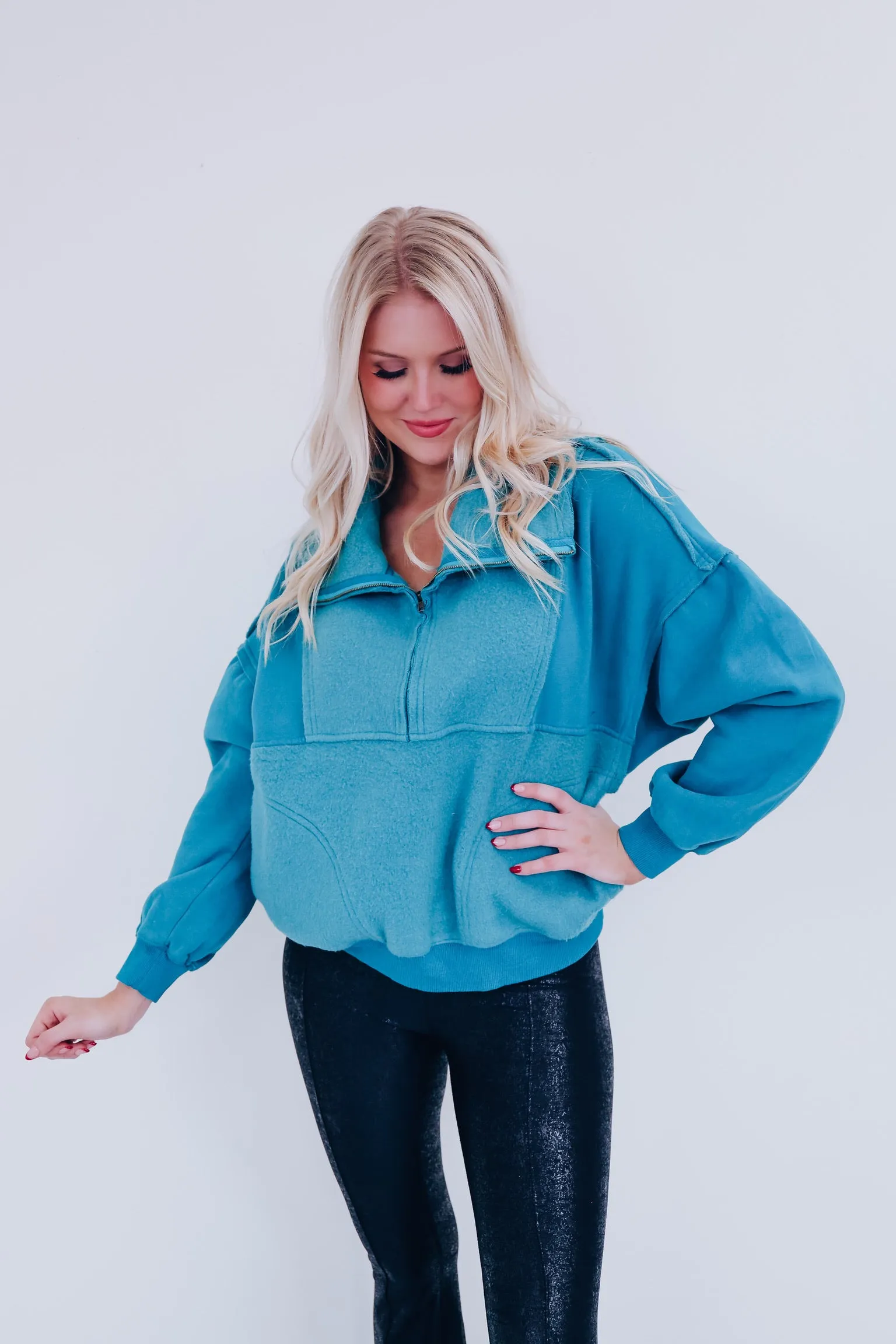 Two Tone Teal Zip Neckline Pullover