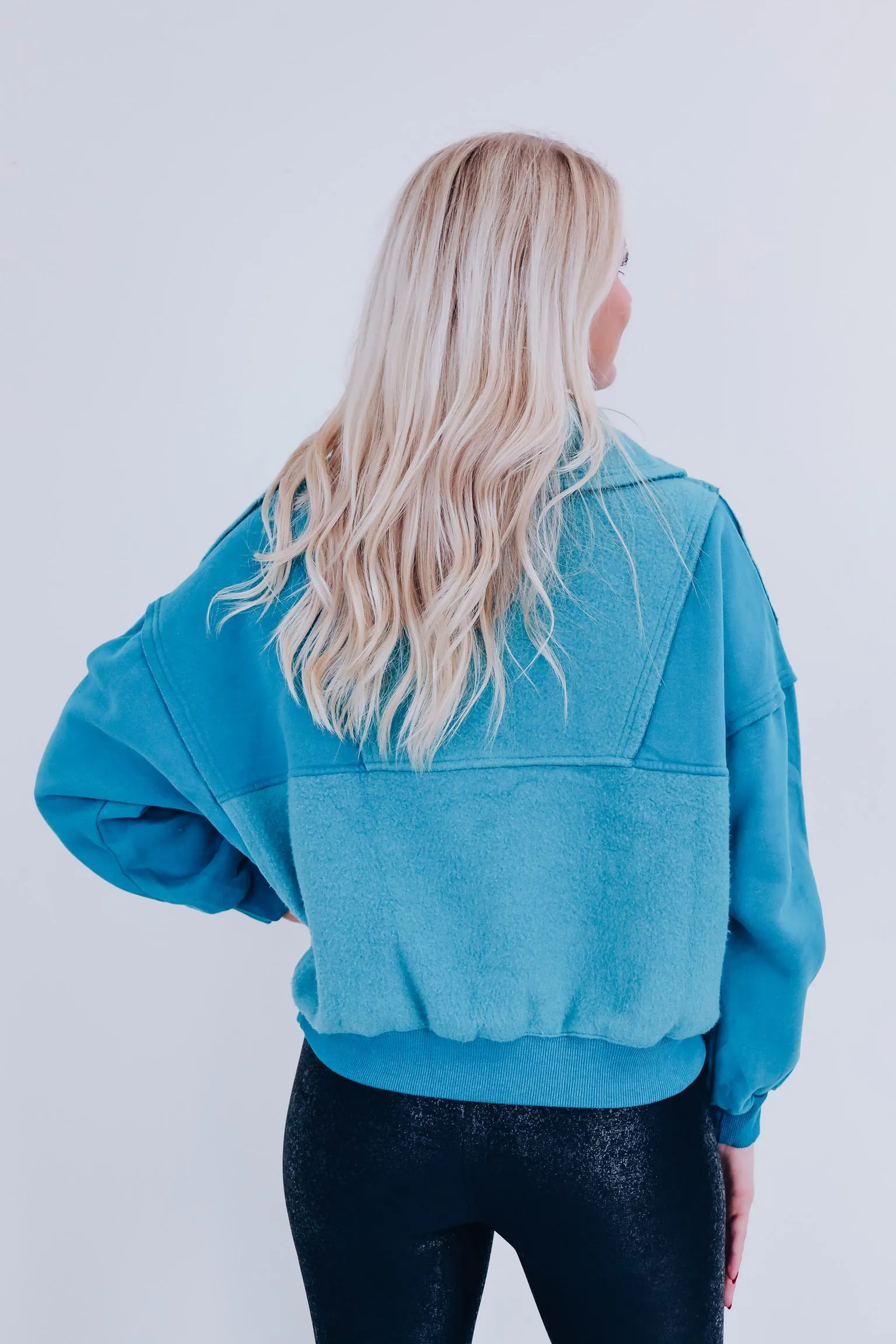 Two Tone Teal Zip Neckline Pullover