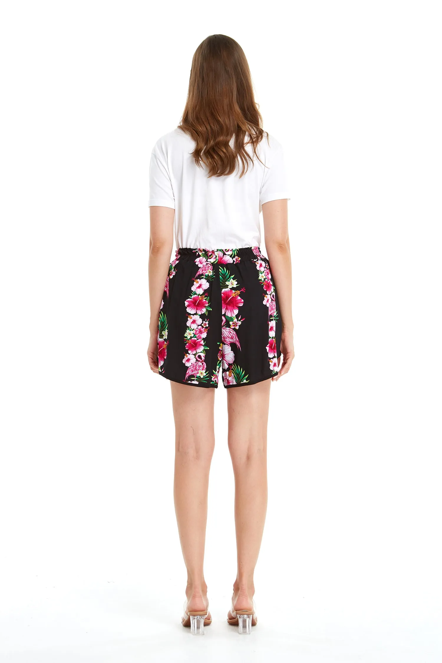 Women's Shorts with Elastic Band in Pink Hibiscus Vine Black