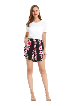 Women's Shorts with Elastic Band in Pink Hibiscus Vine Black